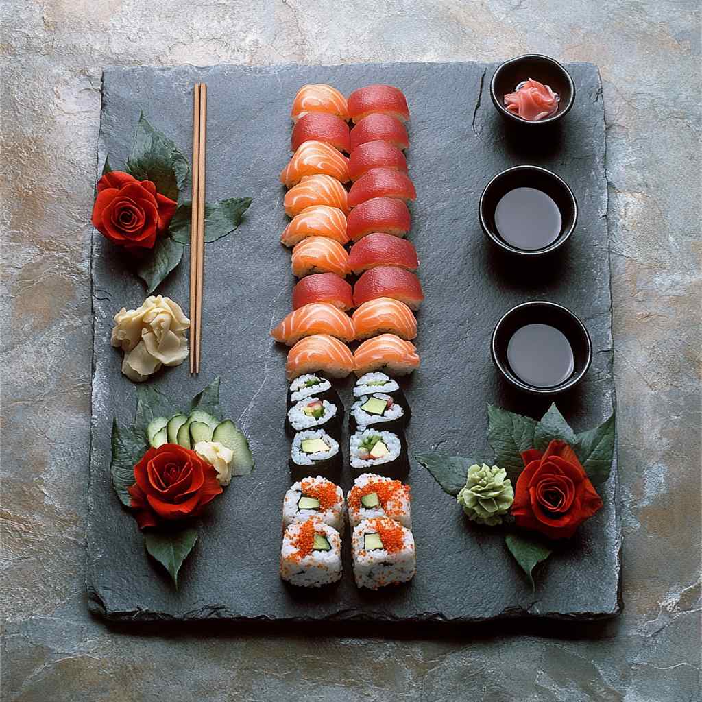 a meticulously arranged sushi platter, displayed on a rectangular slate slab