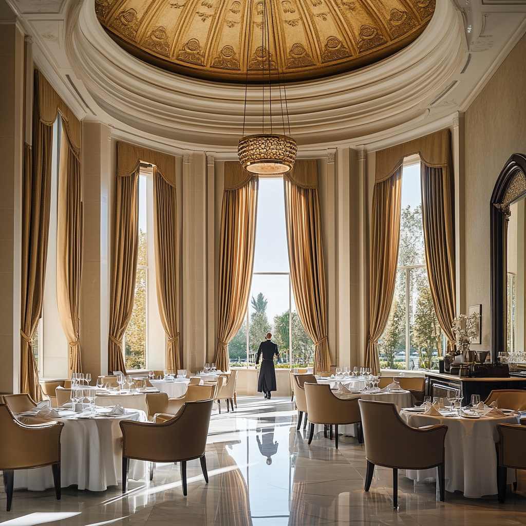 an opulent, modern dining room located in a luxurious hotel
