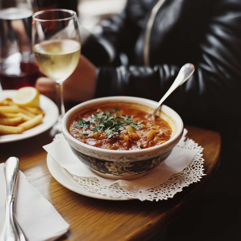 French onion soup and champagne in a fancy restaurant